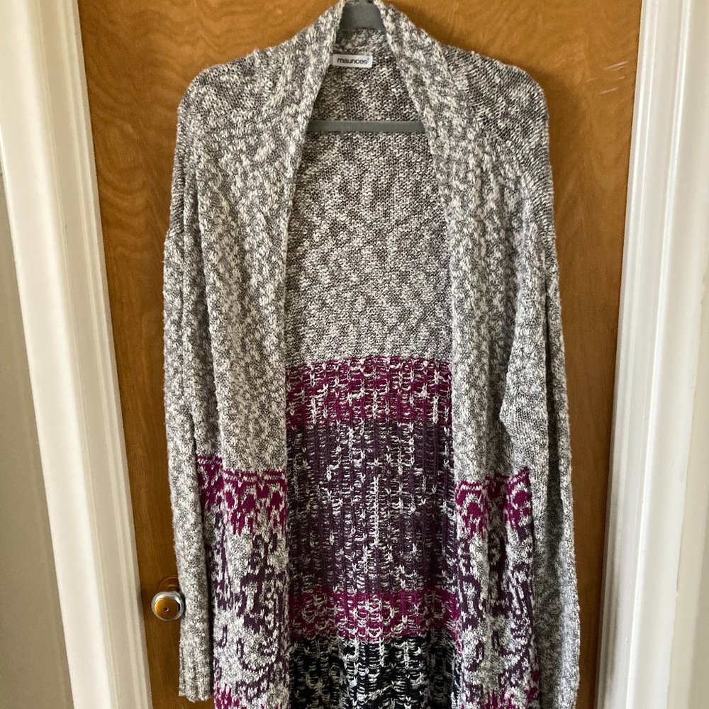 Gray, pink, and purple duster